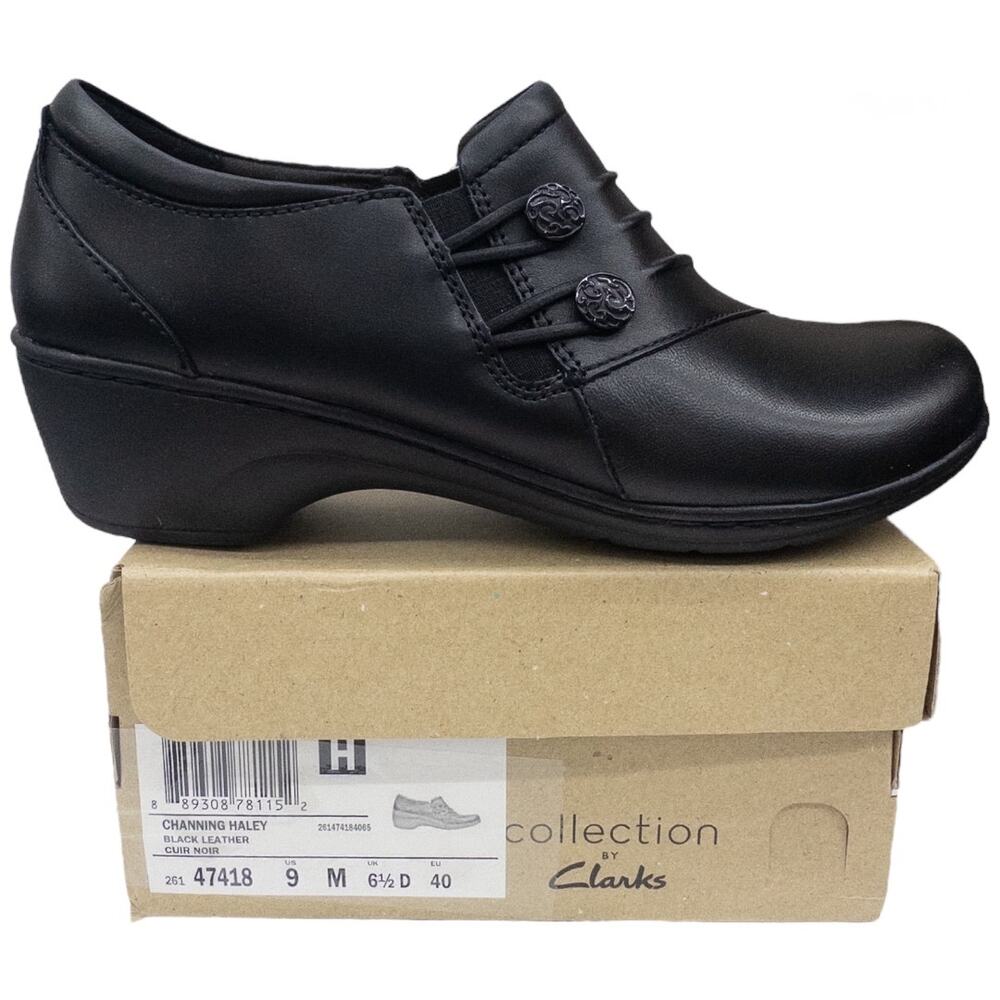 Clarks Channing Haley Slip On Black Leather Loafers Womens size 9 Low Wedge Heel